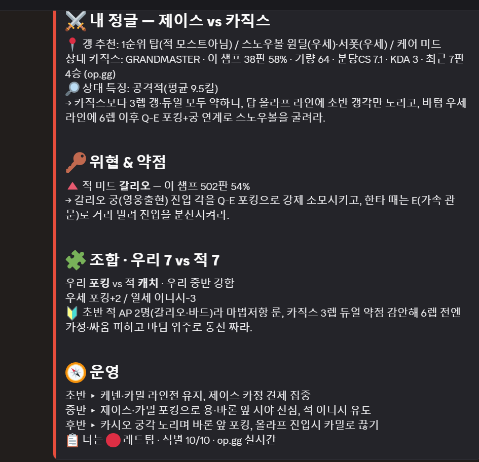 게임 시작 시 자동으로 도착하는 양팀 10명 분석 카드