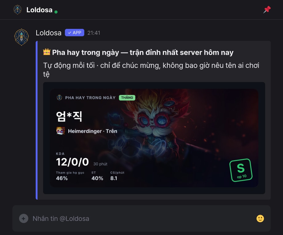Mỗi tối, trận hay nhất trong ngày của server được vinh danh